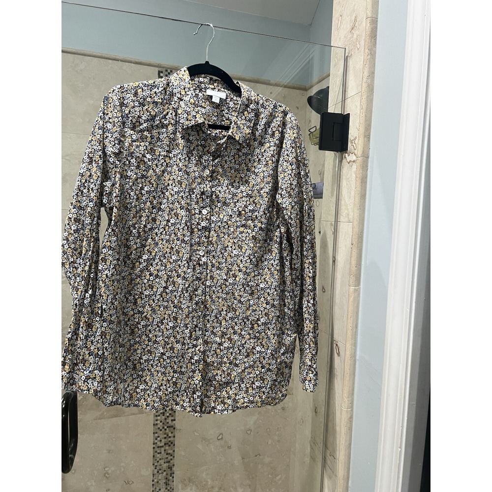 J. Jill Romantic Retro Floral Collared Button Up Blouse Top Yellow L Tall